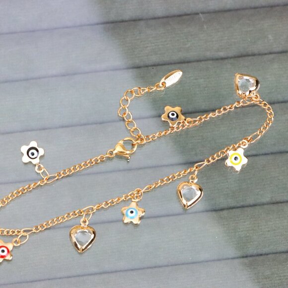"Evil Eye Flower & Heart Charm Rose Gold Anklet, XPAL1190 - Picture 11 of 12